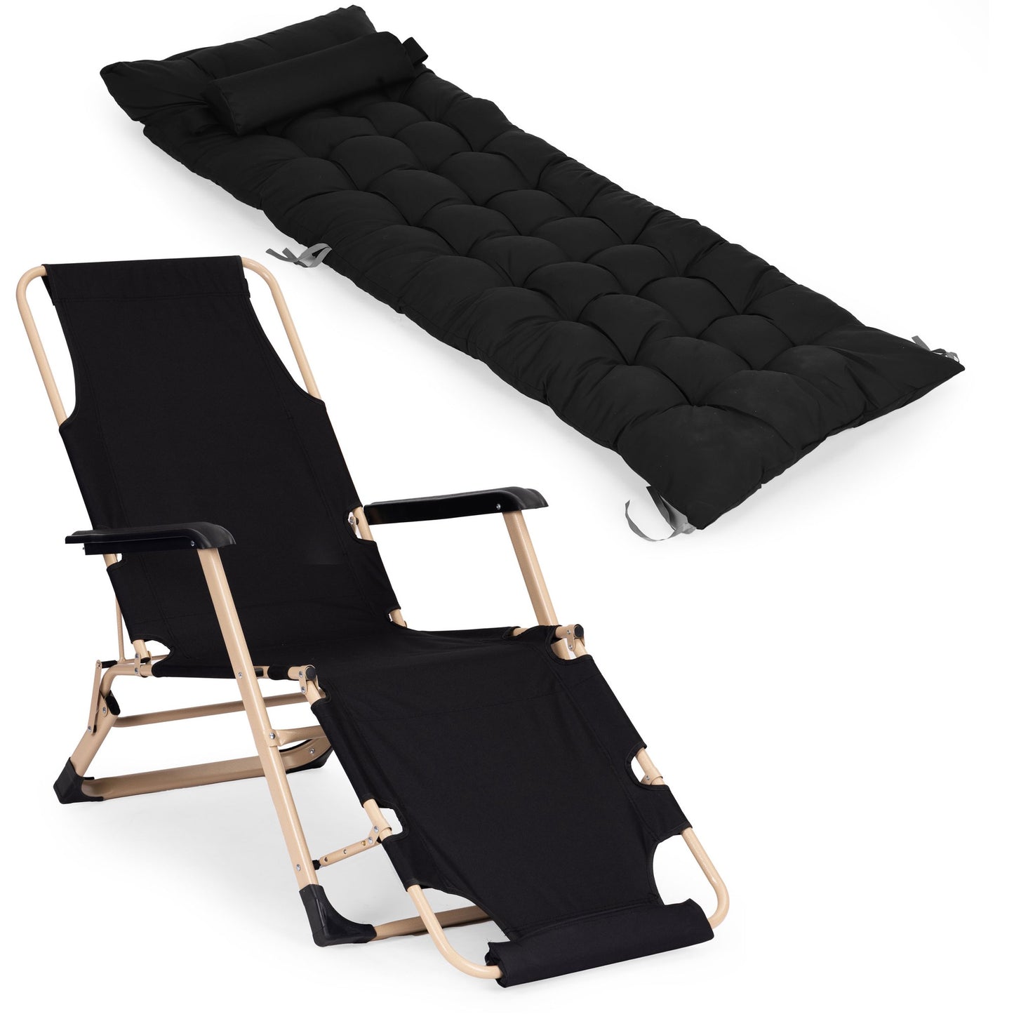 Garden Lounger with Cushion, Adjustable Footrest, Black
