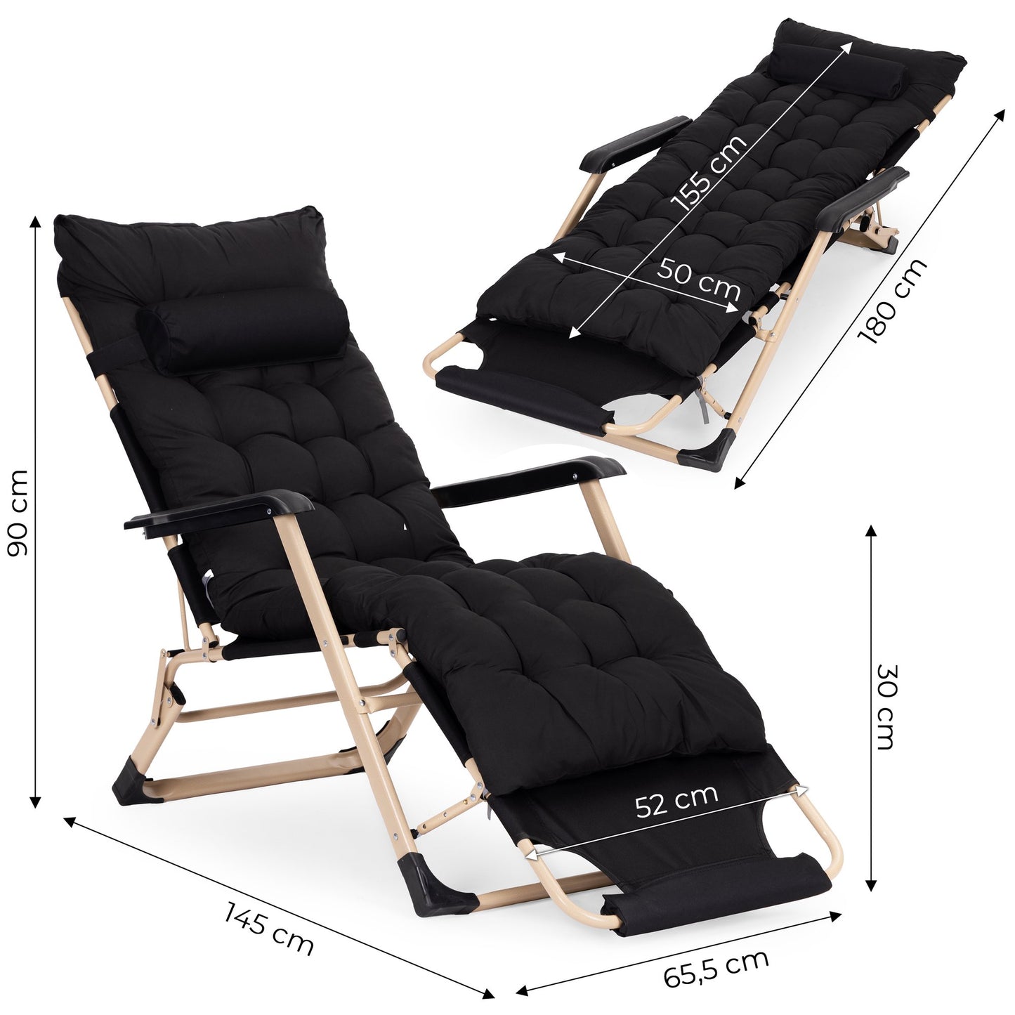 Garden Lounger with Cushion, Adjustable Footrest, Black