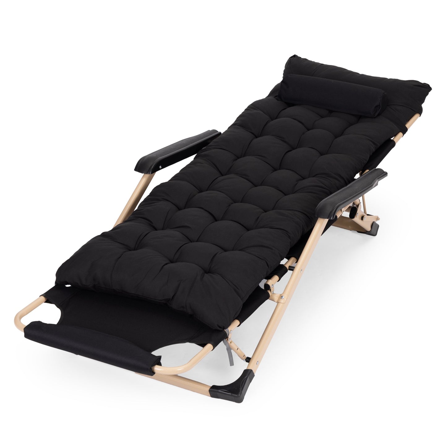 Garden Lounger with Cushion, Adjustable Footrest, Black