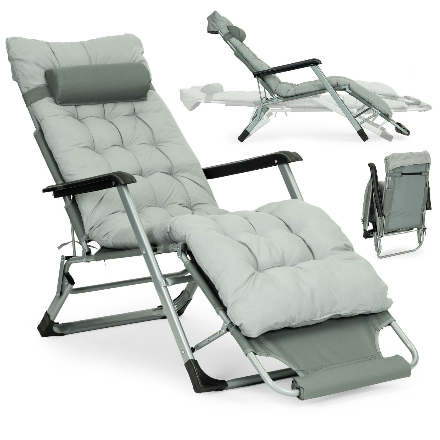 Garden Lounger with Cushion, Adjustable Footrest, Gray