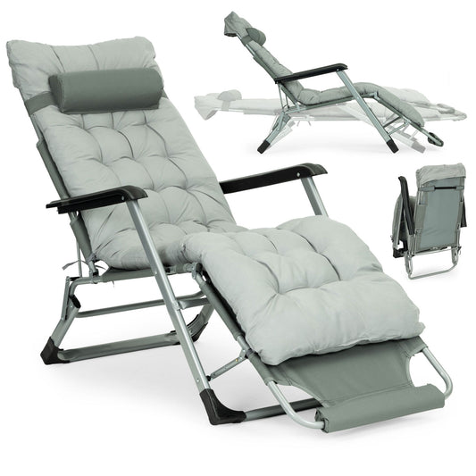 Garden Lounger with Cushion, Adjustable Footrest, Gray