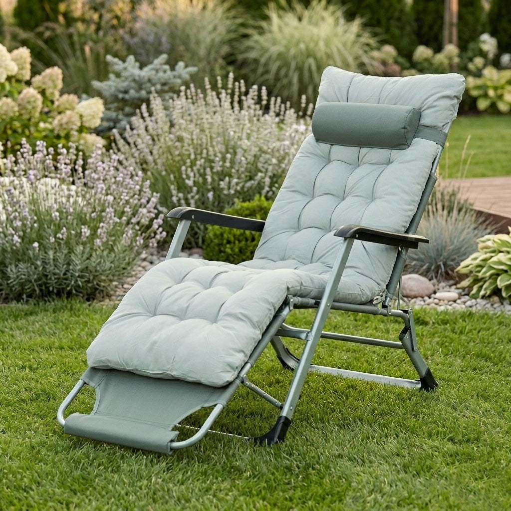 Garden Lounger with Cushion, Adjustable Footrest, Gray