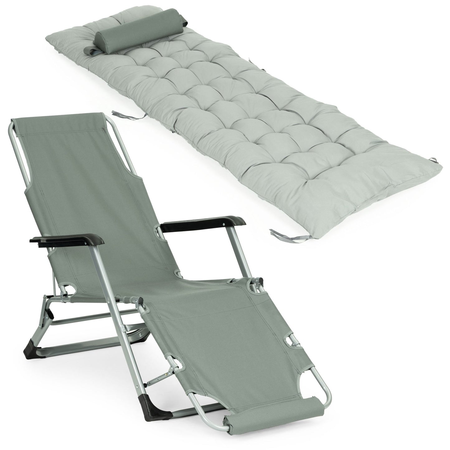 Garden Lounger with Cushion, Adjustable Footrest, Gray