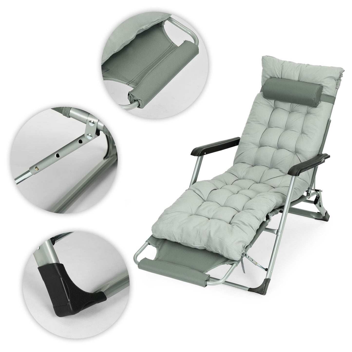 Garden Lounger with Cushion, Adjustable Footrest, Gray