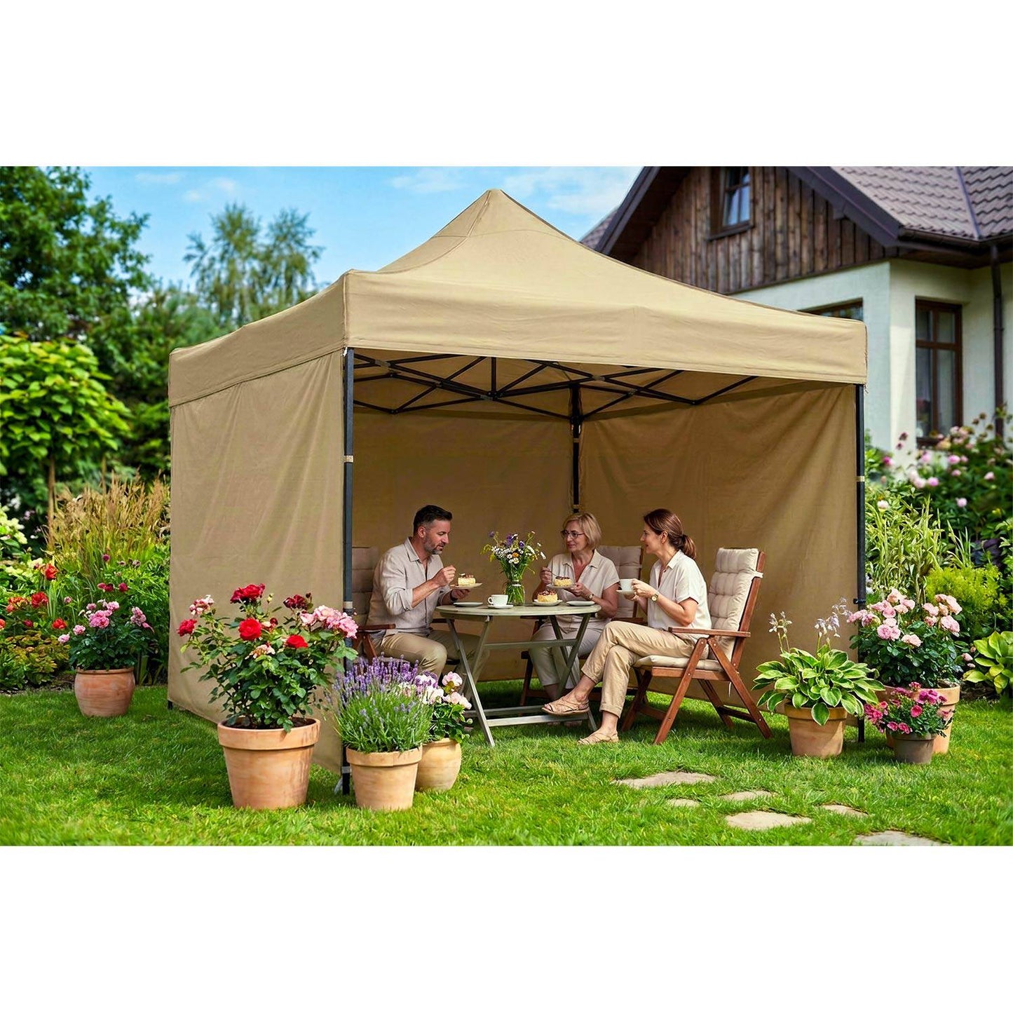 Garden Pavilion 3x3m Beige with 3 Walls, Waterproof