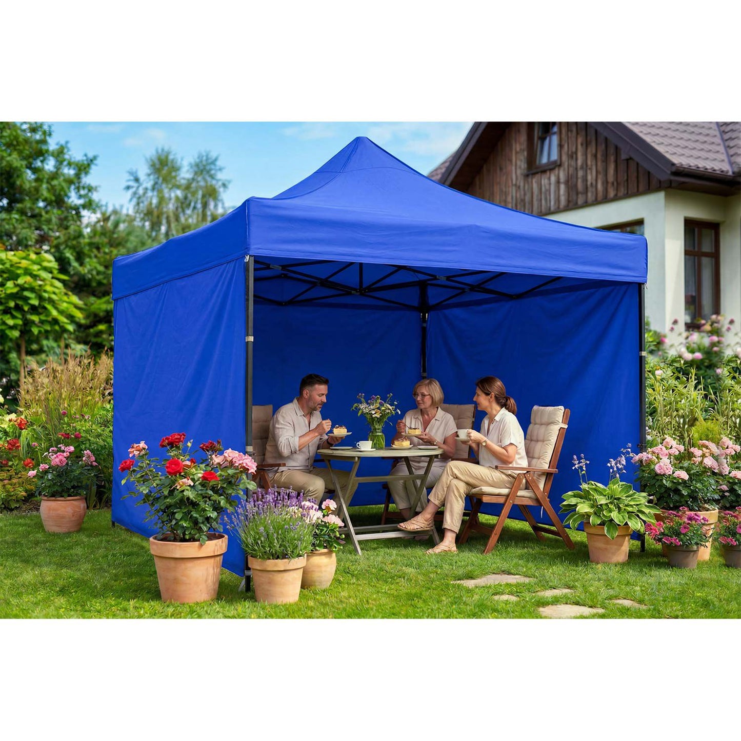 Garden Pavilion 3x3m Blue with 3 Walls, Waterproof