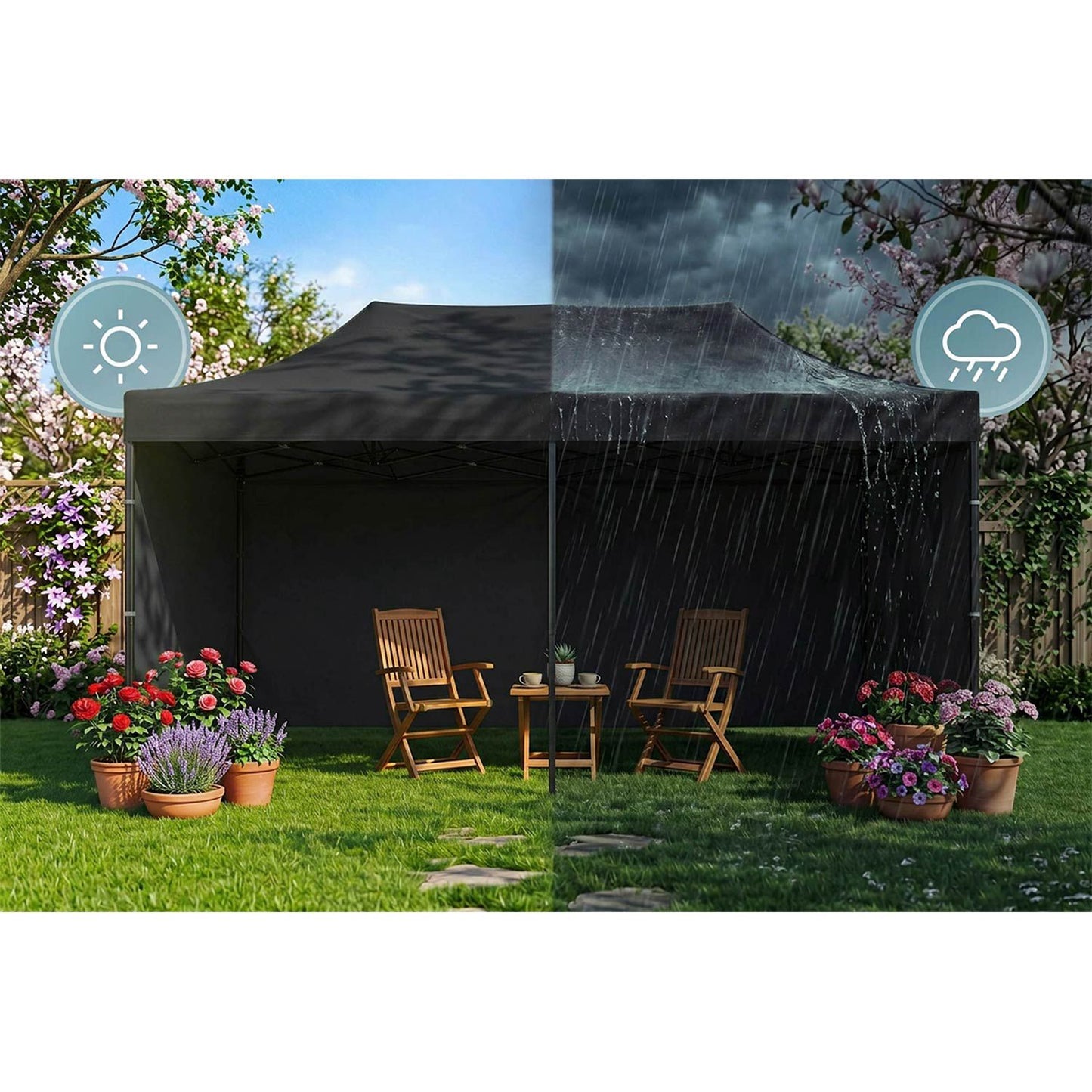 Garden Pavilion 3x6m, Black, 3 Walls, Waterproof