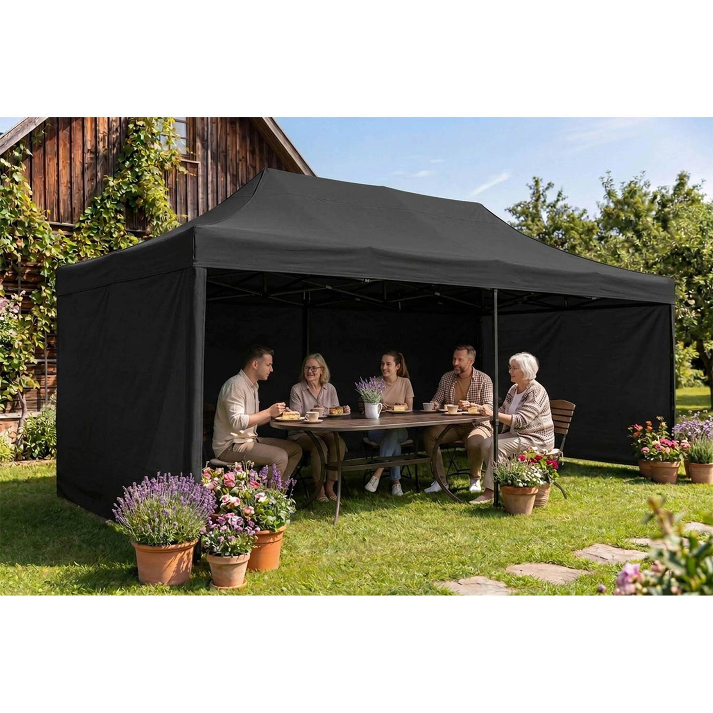 Garden Pavilion 3x6m, Black, 3 Walls, Waterproof