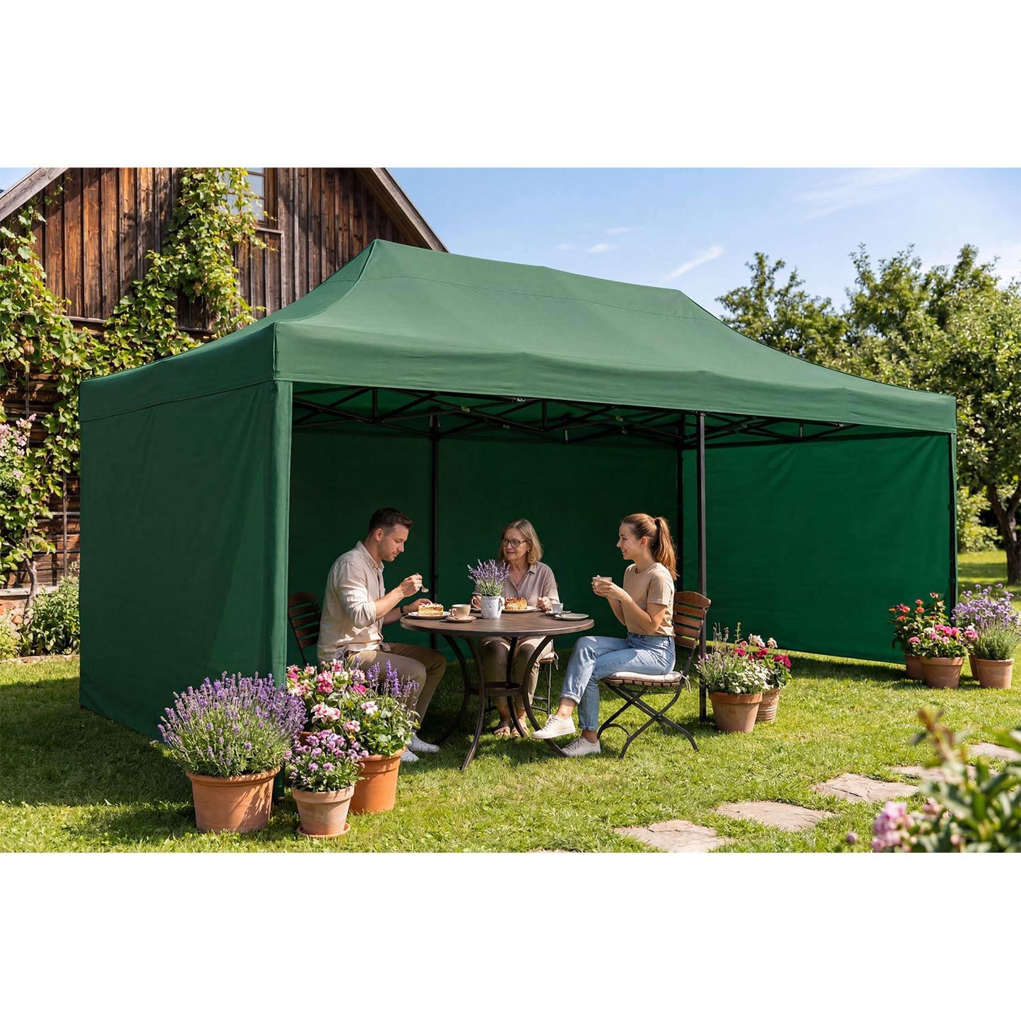 Garden Pavilion 3x6m Green with 3 Walls, Waterproof