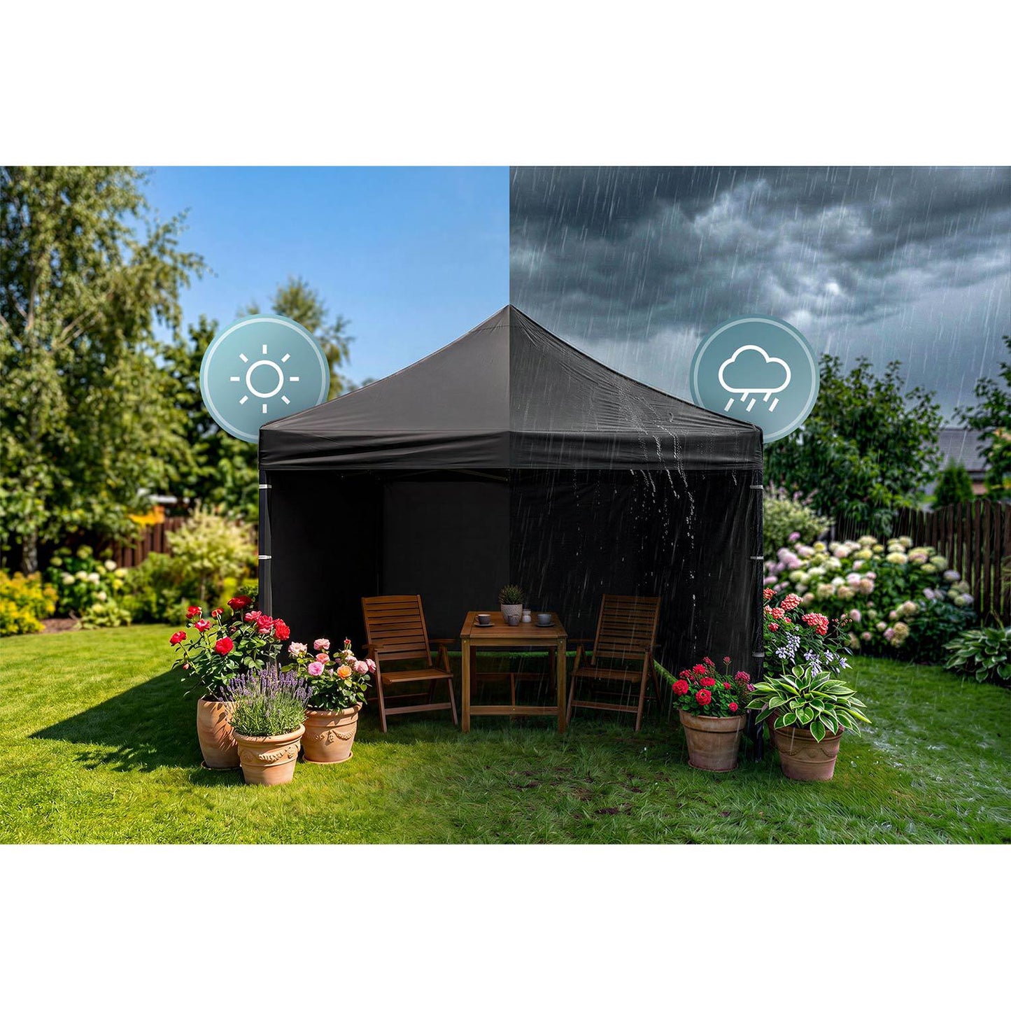 Garden Pavilion Tent, 3x3m, Black, 3 Sides, Waterproof