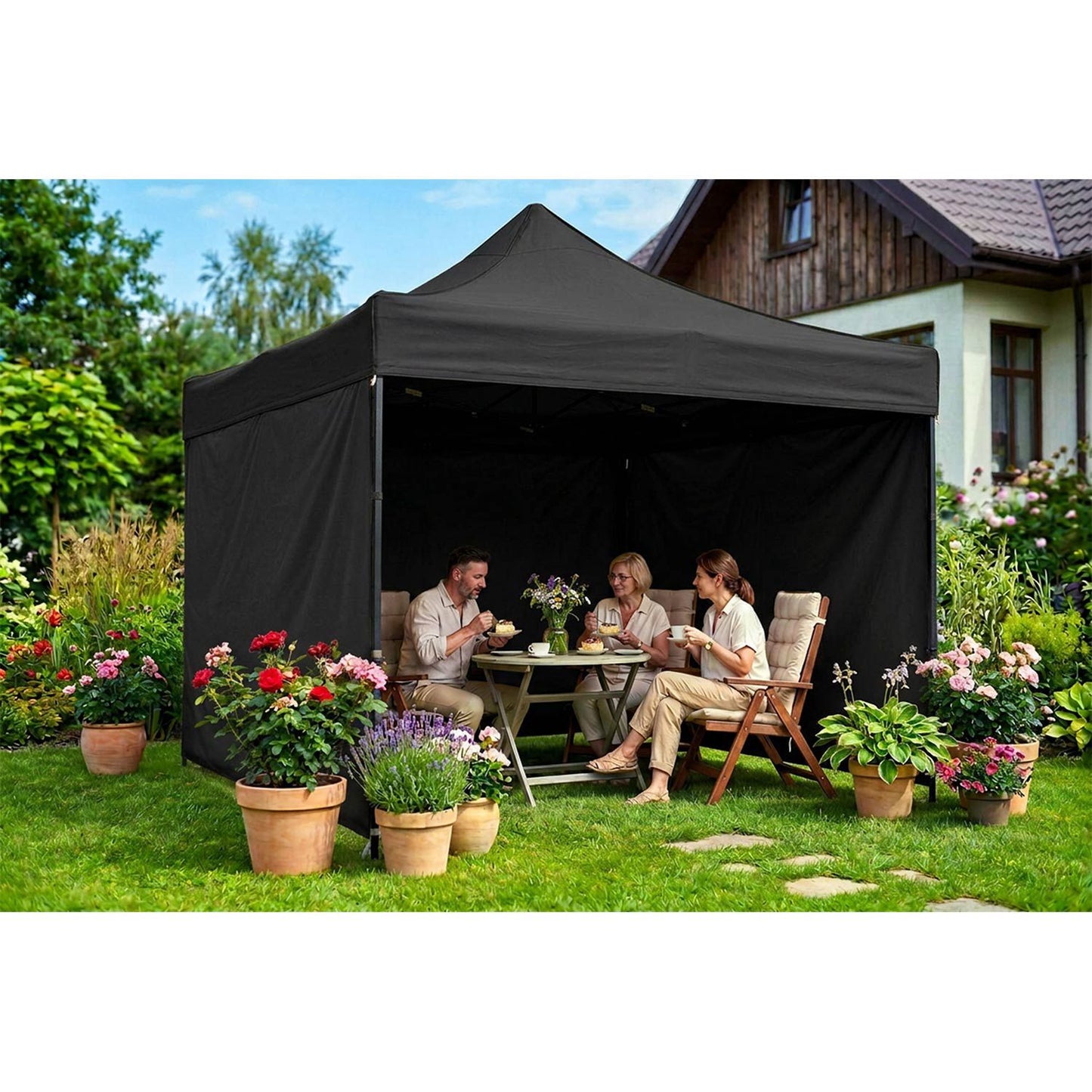 Garden Pavilion Tent, 3x3m, Black, 3 Sides, Waterproof