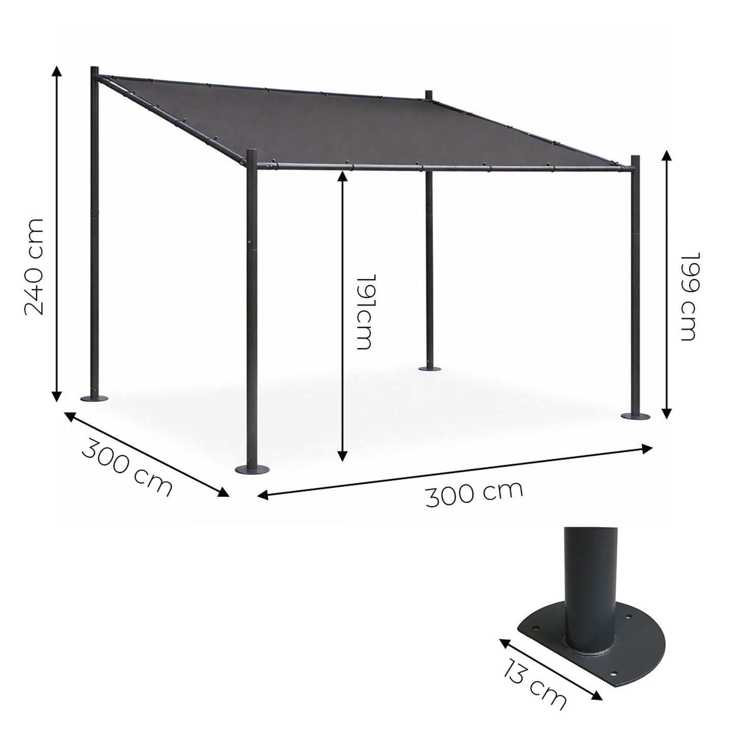 Garden Pergola 3x3m, Steel Frame, Grey Canopy