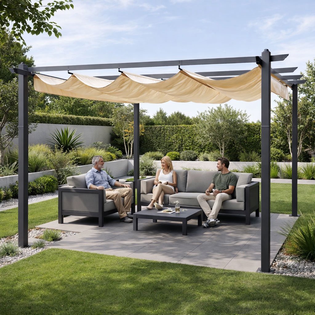Garden Pergola 3x4m, Steel Frame, Beige Canopy