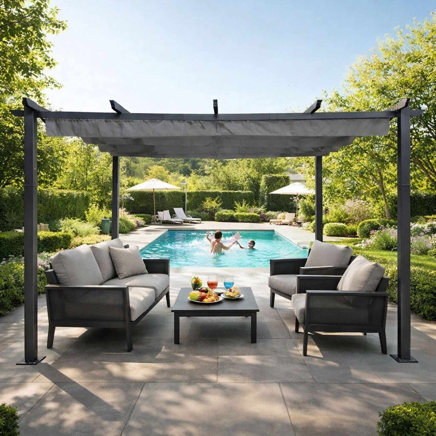 Garden Pergola 3x4m, Steel Frame, Grey Canopy
