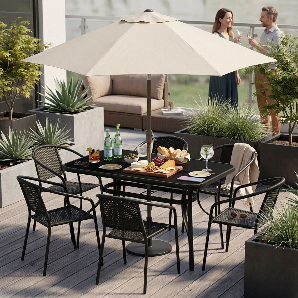 Garden Table 120x70 cm, Tempered Glass, Parasol Hole