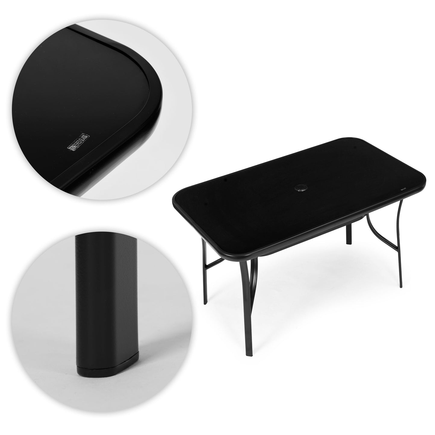Garden Table 120x70 cm, Tempered Glass, Parasol Hole