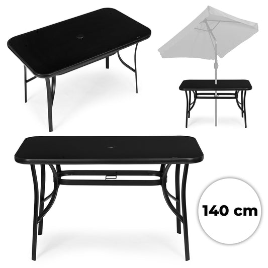 Garden Table, 140x80 cm Tempered Glass, Parasol Hole