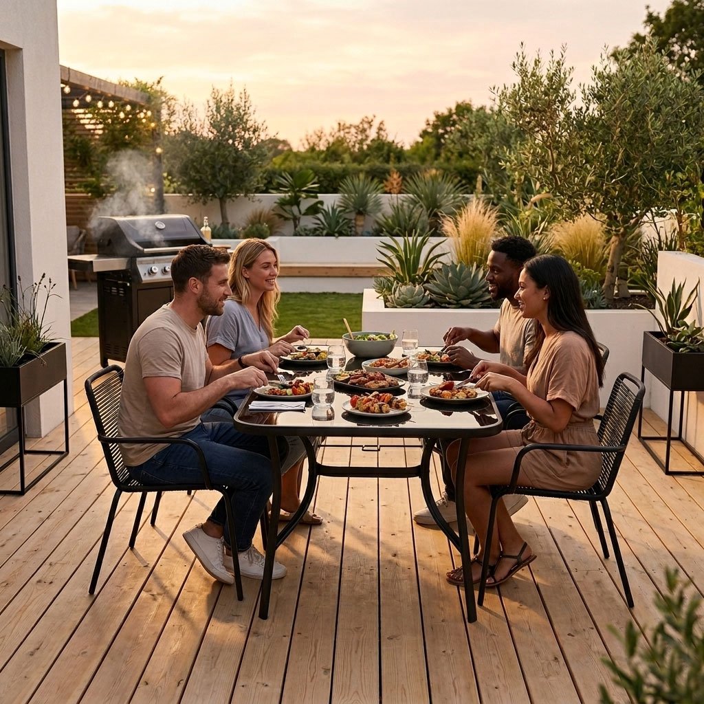 Garden Table, 140x80 cm Tempered Glass, Parasol Hole