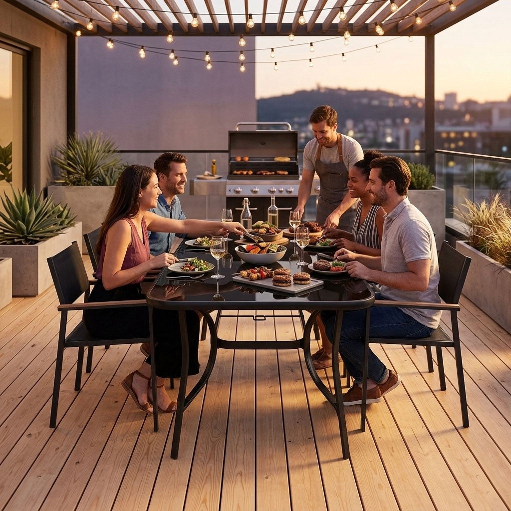 Garden Table 160x90 cm, Tempered Glass, Black