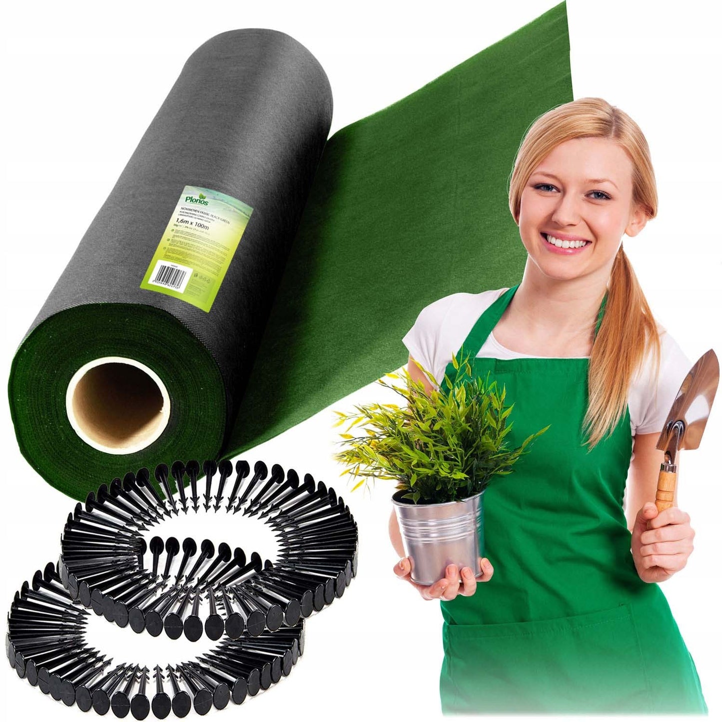 Garden agrotextile 1.6 m x 100 m 90 g/m2 + 100 Plonos pins - black and green