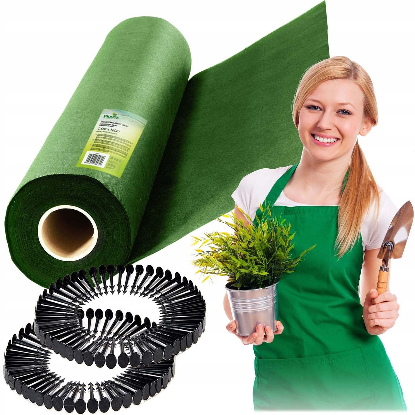 Garden agrotextile 1.6 m x 100 m 90 g/m2 + 100 Plonos pins - green