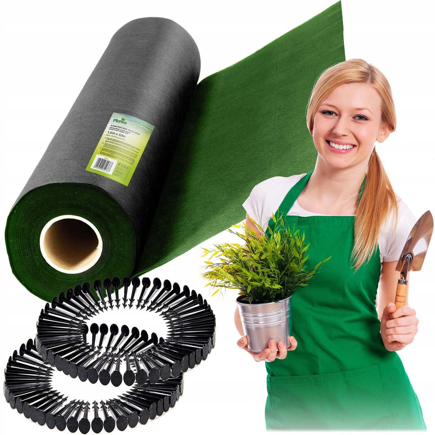 Garden agrotextile 1.6 m x 50 m 90 g/m2 + 100 Plonos pins - black and green