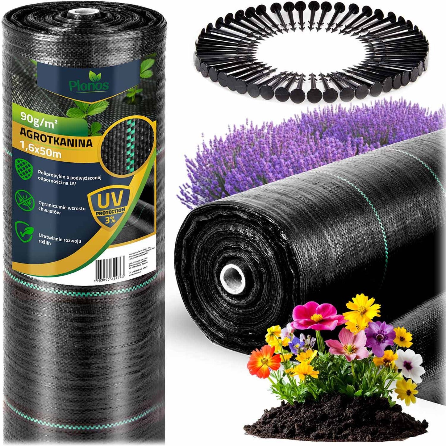 Garden agrotextile 1.6 m x 50 m 90 g/m2 + 50 Plonos pins - black