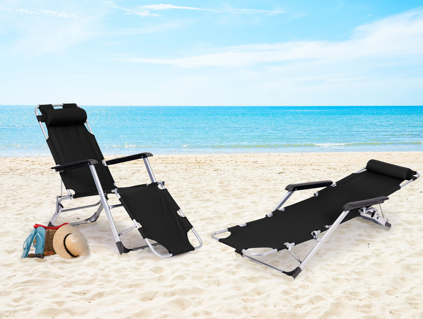 Garden beach chair lounger, foldable 2-in-1, black, MultiGarden