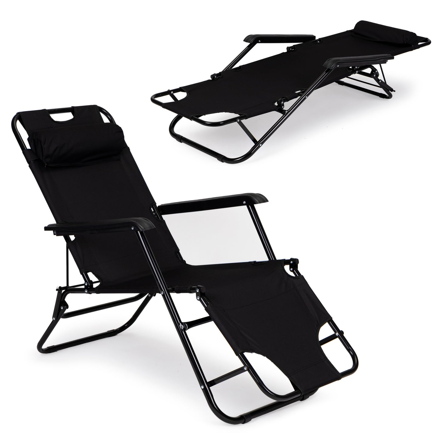 Garden deckchair with headrest, foldable design, black