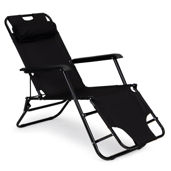 Garden deckchair with headrest, foldable design, black
