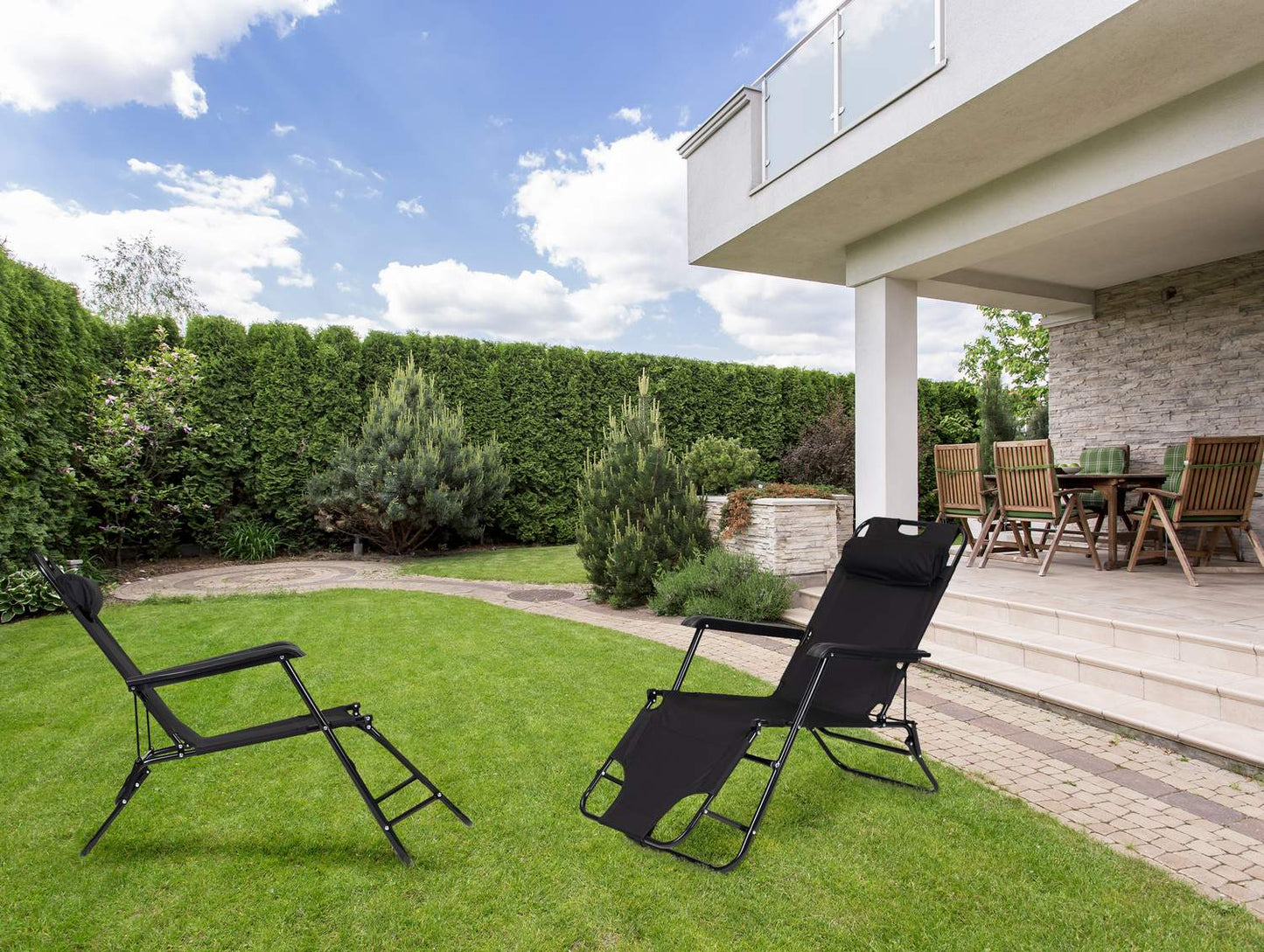 Garden deckchair with headrest, foldable design, black
