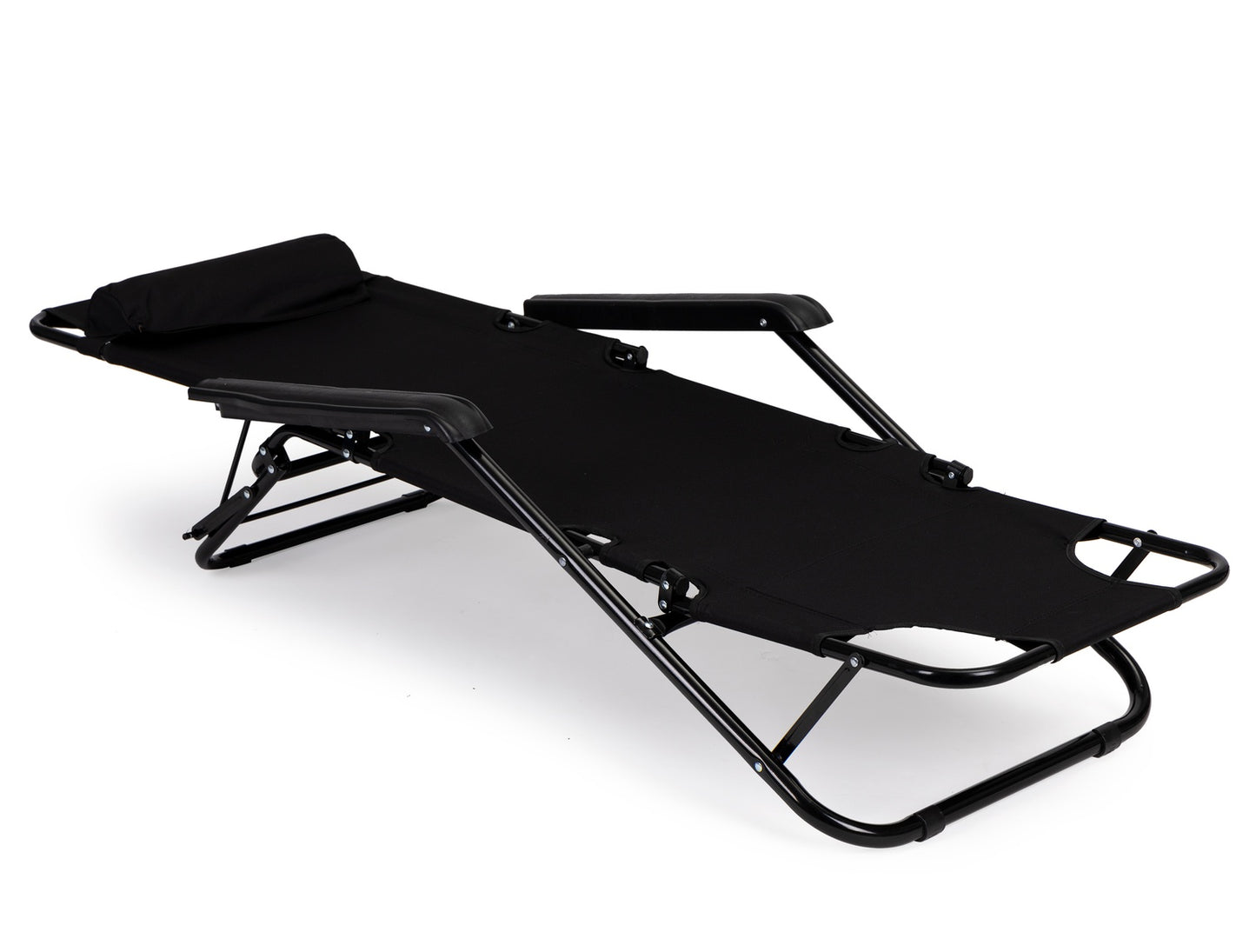 Garden deckchair with headrest, foldable design, black