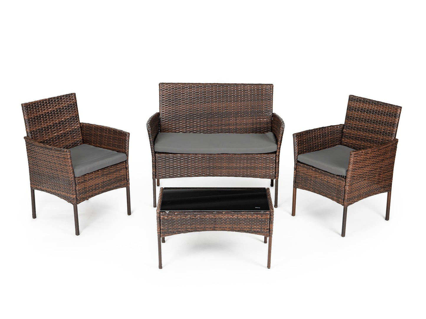 Garden furniture set: table, 2x armchair, rattan bench, brown