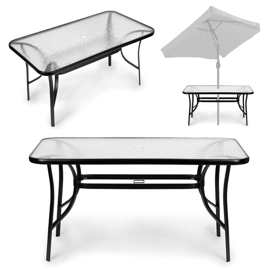 Garden glass table 120x70 cm, for terrace and garden, tempered glass, umbrella hole, MultiGarden