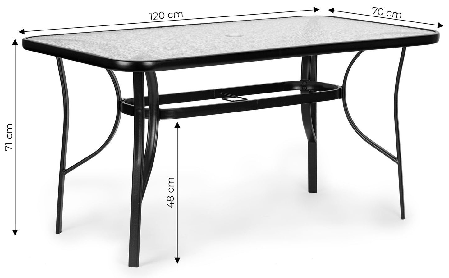 Garden glass table 120x70 cm, for terrace and garden, tempered glass, umbrella hole, MultiGarden