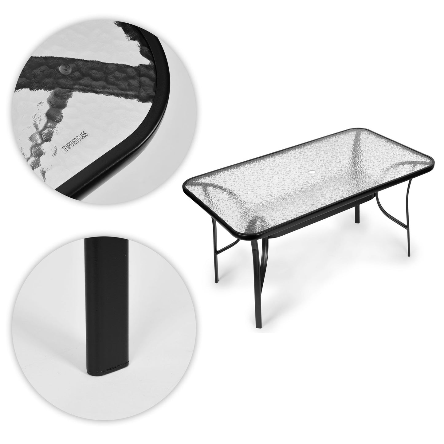 Garden glass table 120x70 cm, for terrace and garden, tempered glass, umbrella hole, MultiGarden