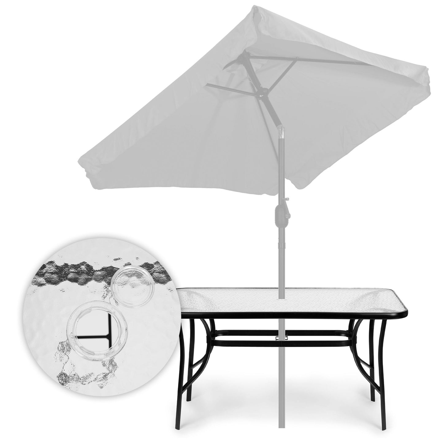 Garden glass table 120x70 cm, for terrace and garden, tempered glass, umbrella hole, MultiGarden