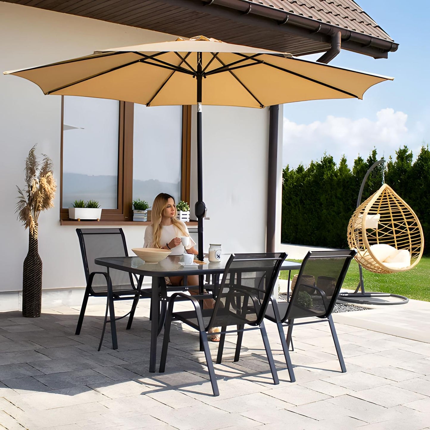 Garden glass table 120x70 cm, for terrace and garden, tempered glass, umbrella hole, MultiGarden