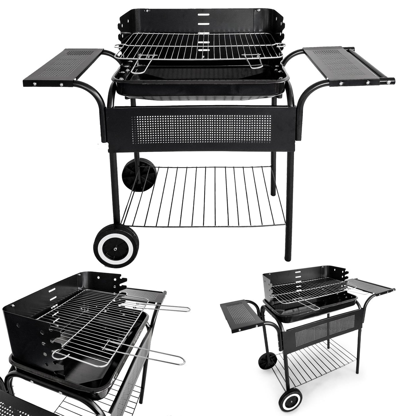 Garden grill, metal shelves, adjustable grate, wheels