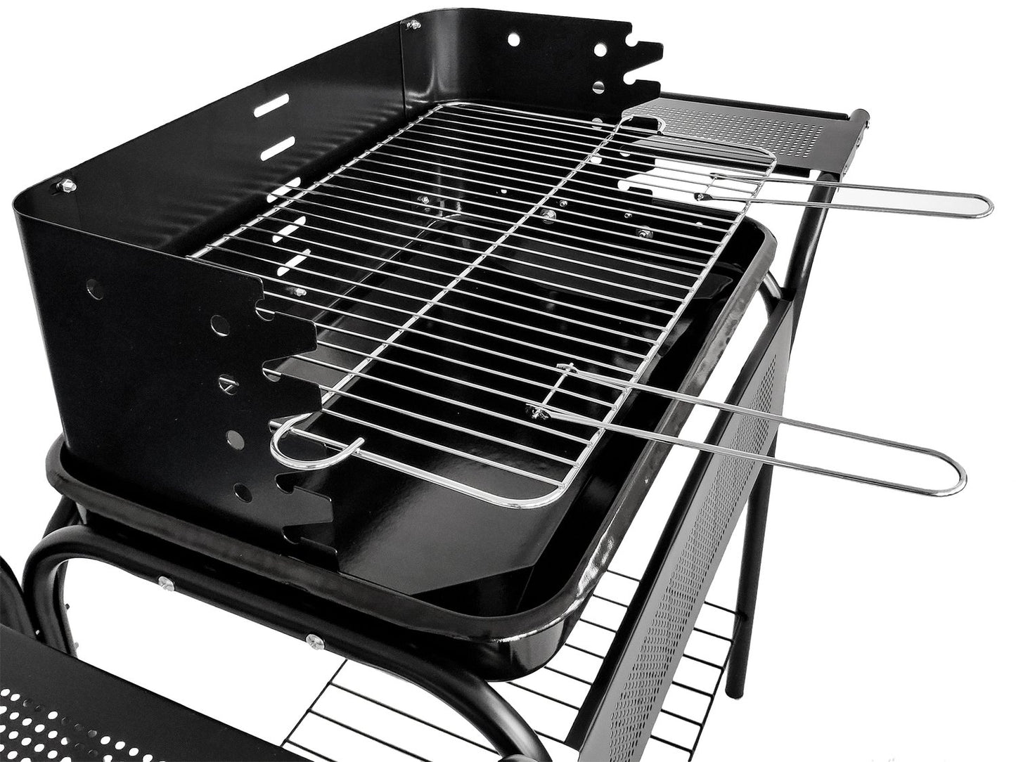 Garden grill, metal shelves, adjustable grate, wheels