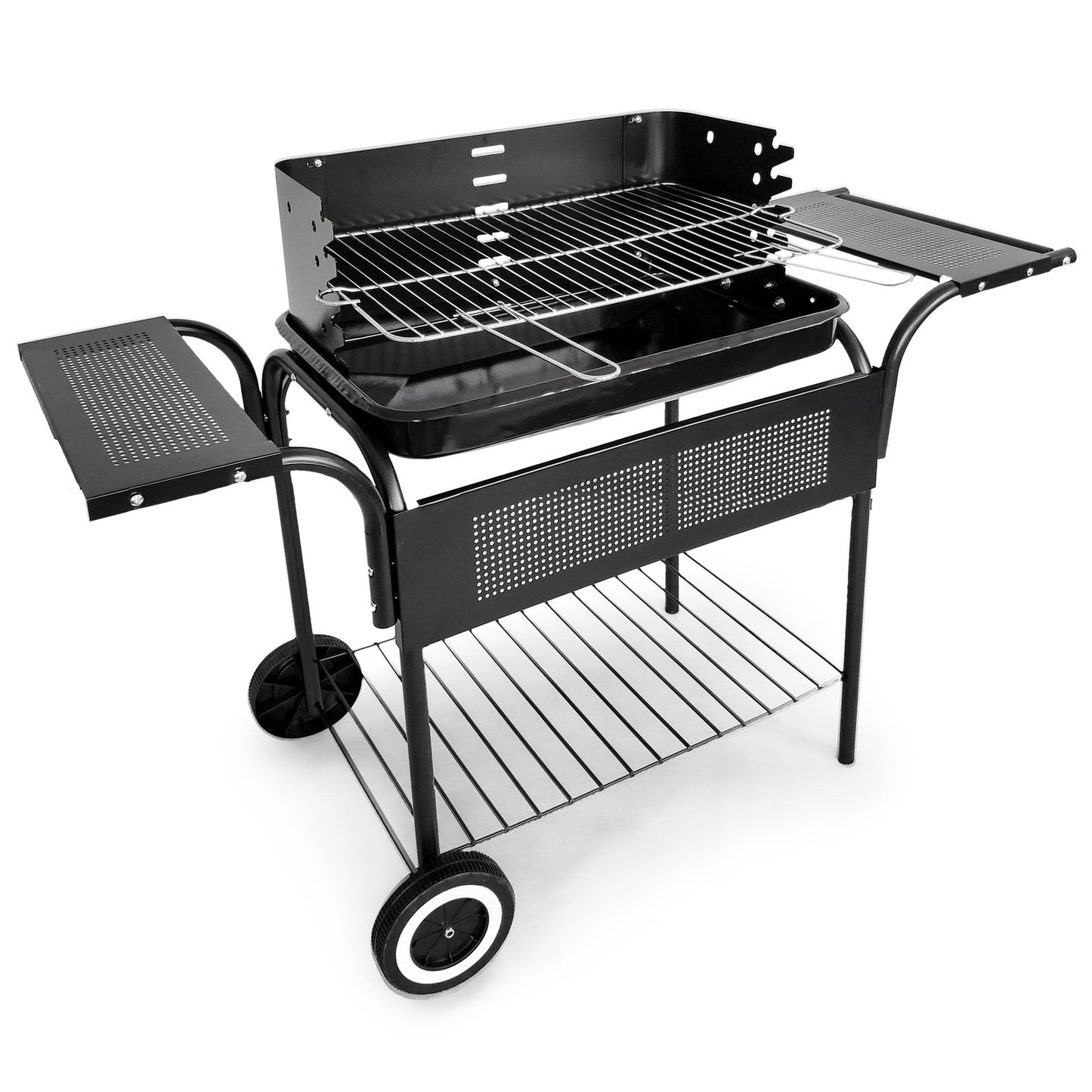 Garden grill, metal shelves, adjustable grate, wheels