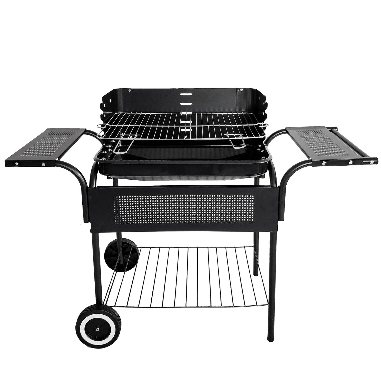 Garden grill, metal shelves, adjustable grate, wheels