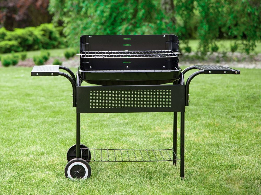 Garden grill, metal shelves, adjustable grate, wheels