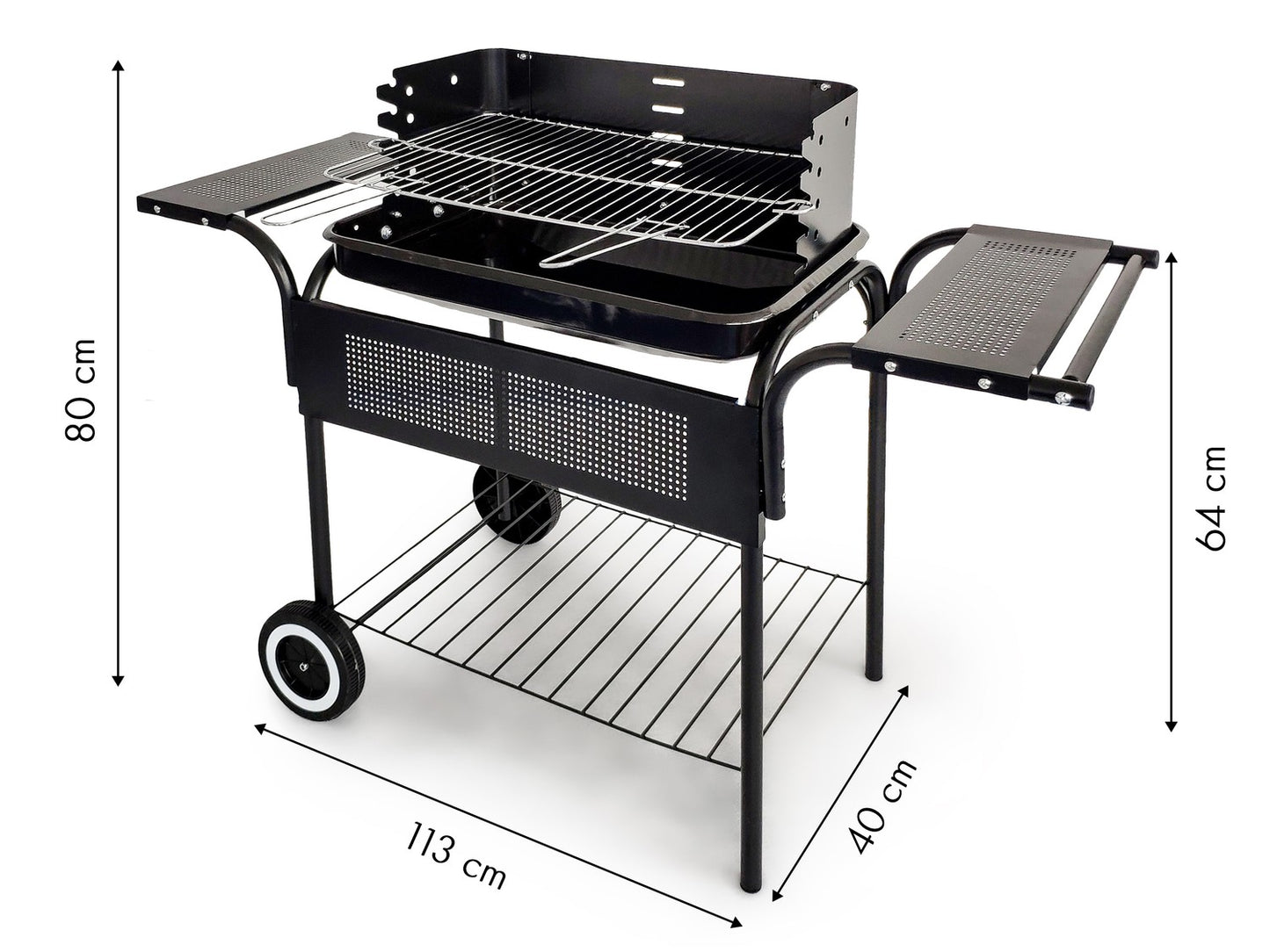 Garden grill, metal shelves, adjustable grate, wheels