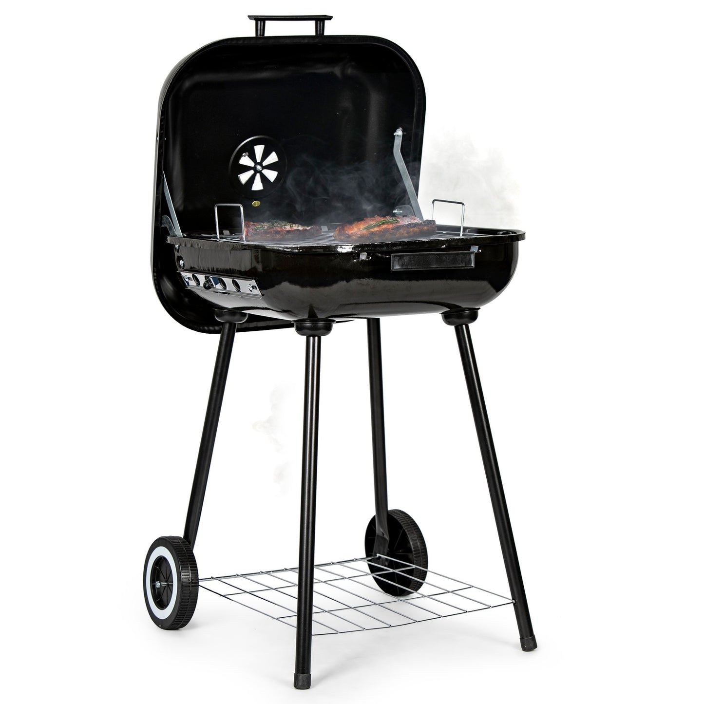 Garden grill with hinged cover + wheels