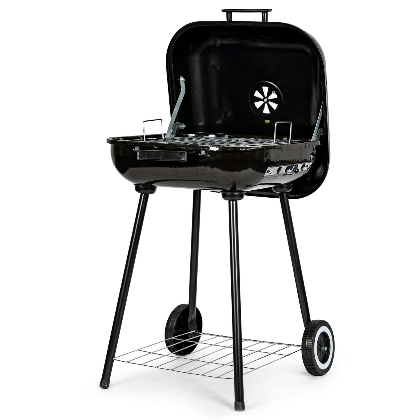Garden grill with hinged cover + wheels