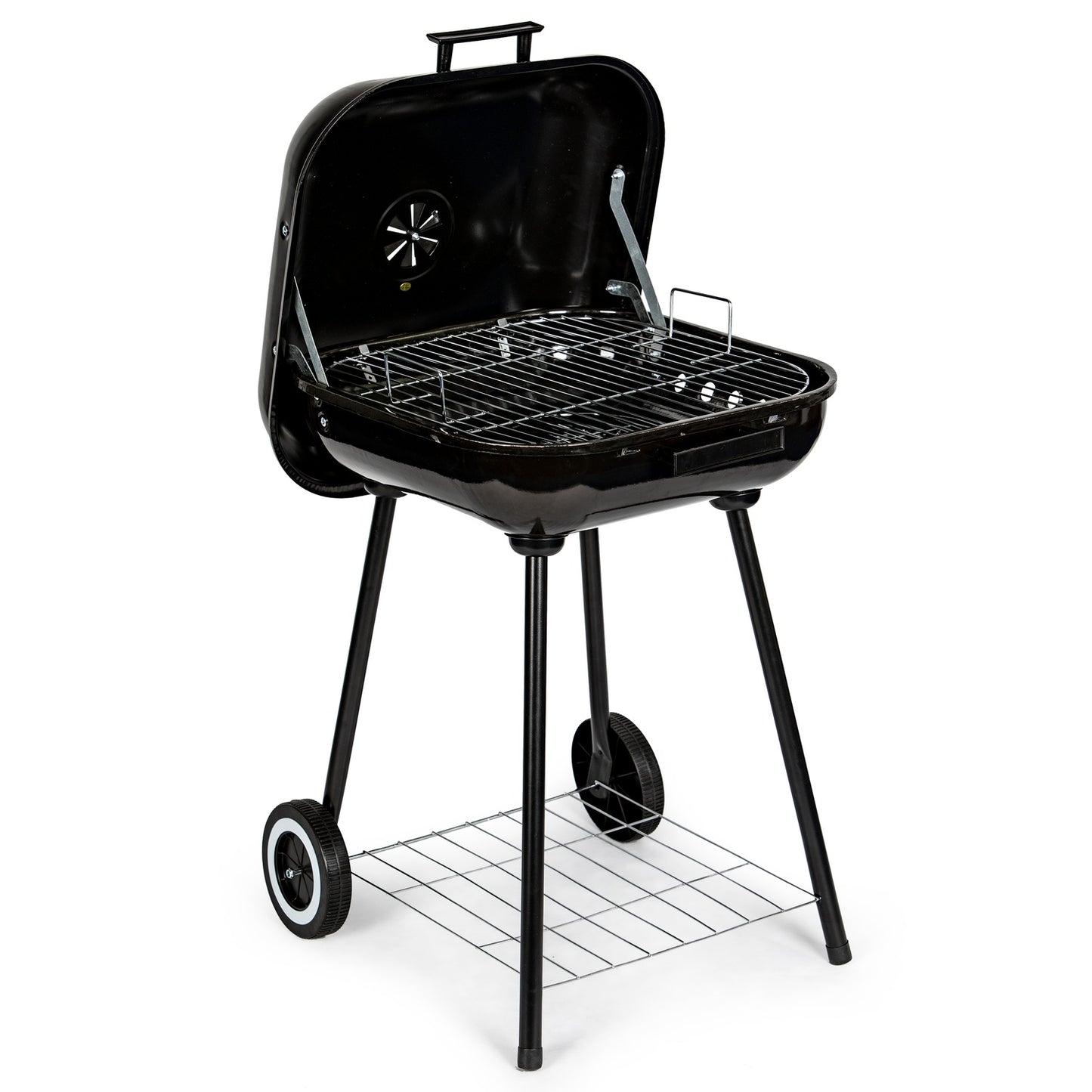 Garden grill with hinged cover + wheels