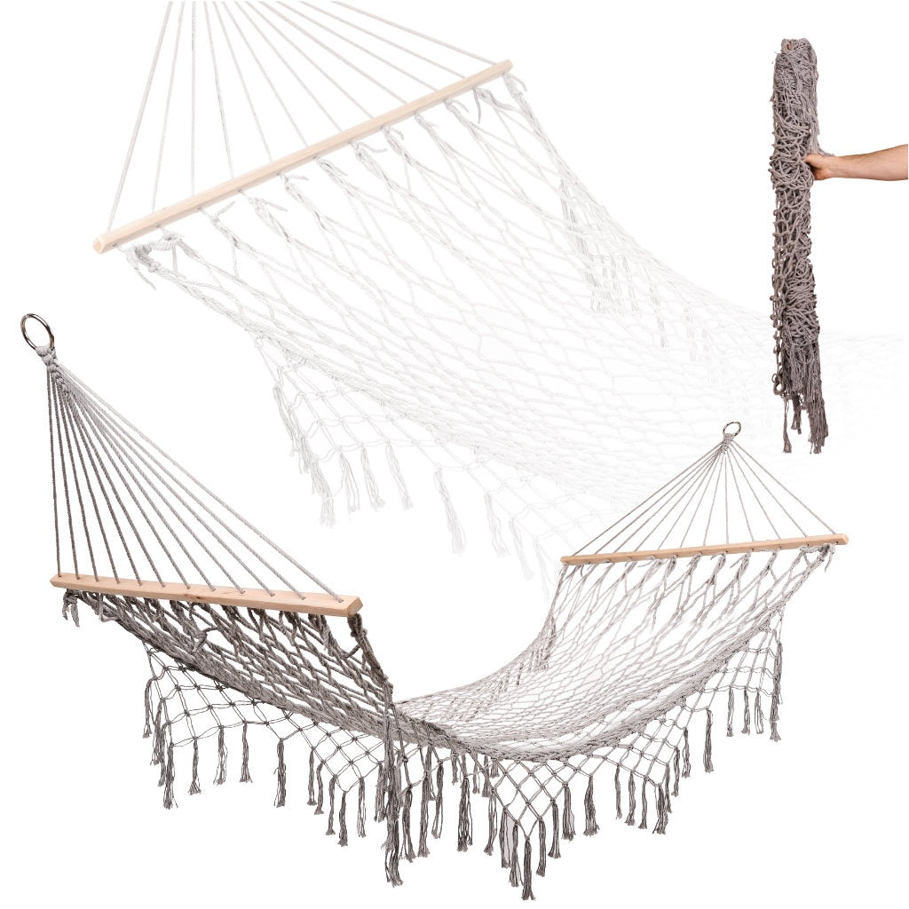 Garden hammock boho mesh tassel 200cm grey
