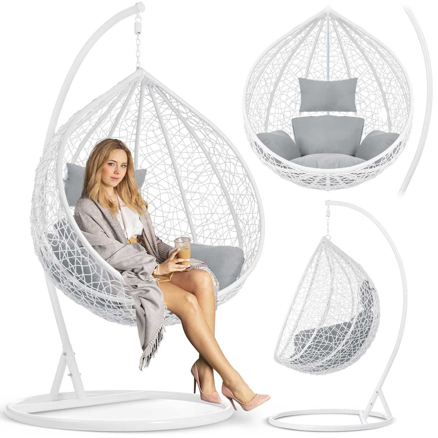 Garden hanging rocking chair Havana white + light gray cushions