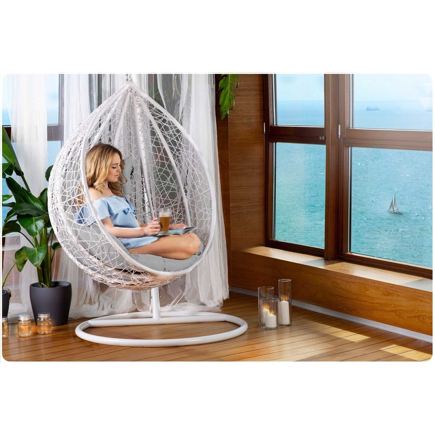 Garden hanging rocking chair Havana white + light gray cushions
